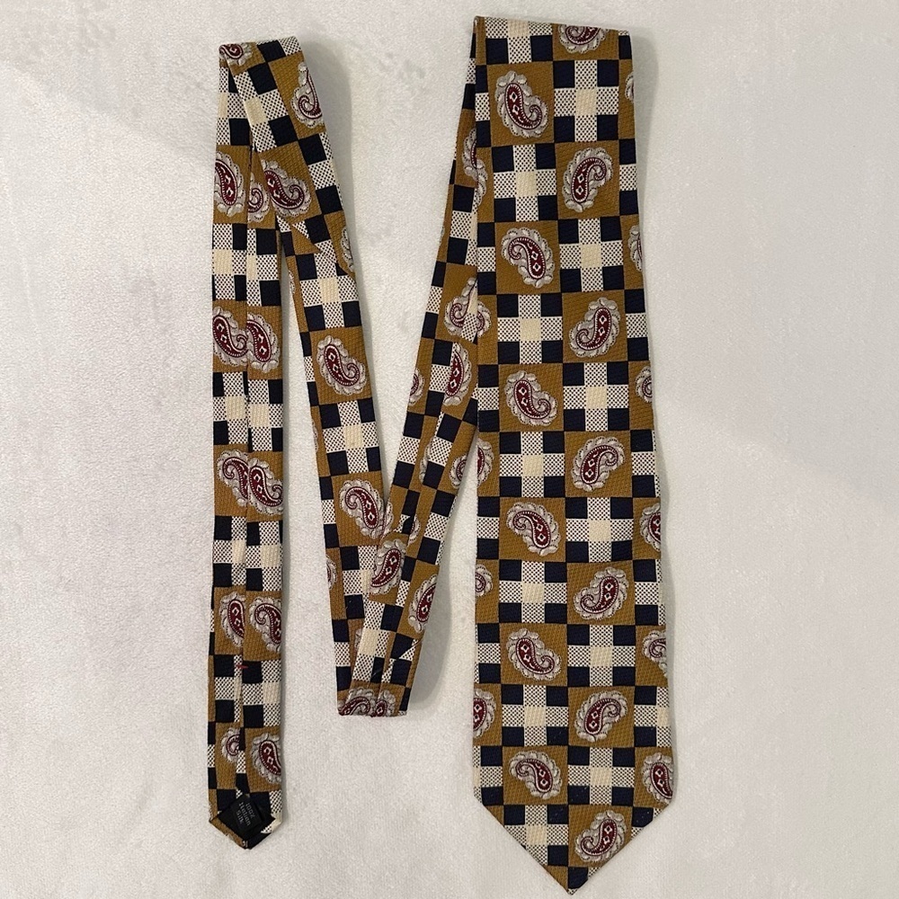 Vintage Villa Bugatti 100% Italian Silk Unique Print Neck Tie Checker Paisley